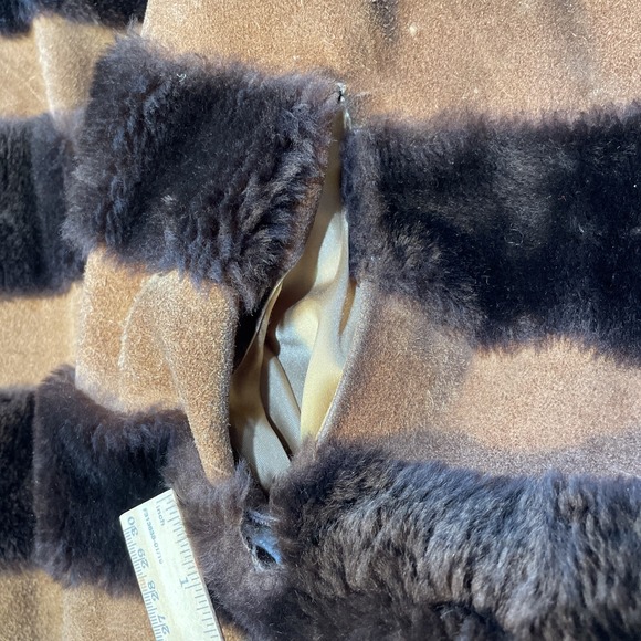 Vintage 70s Mouton Fur Long Coat Suede Stripe Shearling Retro Boho Glam XXS READ - Picture 10 of 16